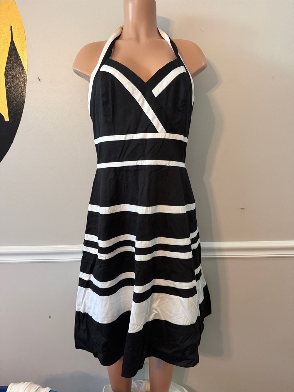 White House Black Market Black and White Striped Halter Dress - Picture 4 of 5